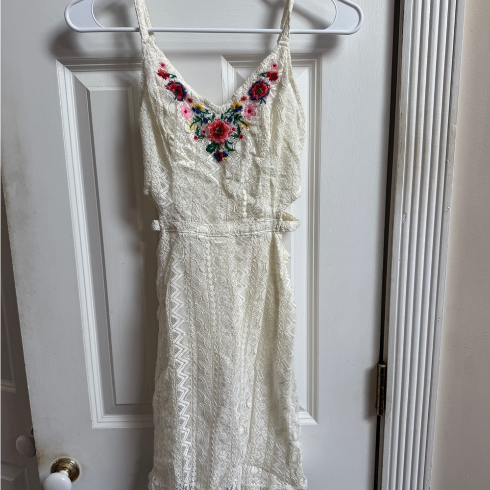 Hollister White Mini Dress with Red and Pink Floral Detail